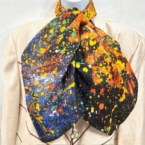 J.FUKAMI silk scarfsatin 35"x35" black blue green yellow paint speckle splash(50